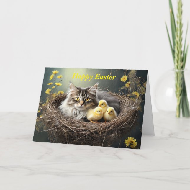 Carte Joyeux Chat de Pâques avec poussins (Devant)