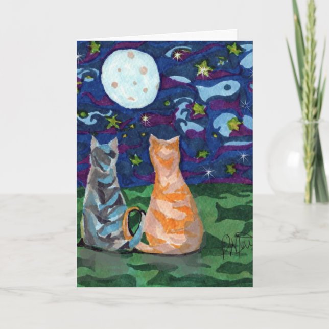Carte Joyeux Chats D'Anniversaire Au Lune (Devant)