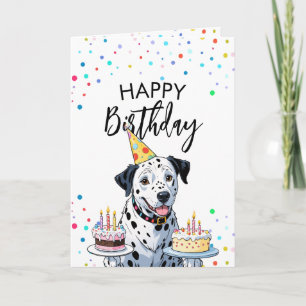 Carte Joyeux Chien dalmate tenant des gâteaux Anniversai