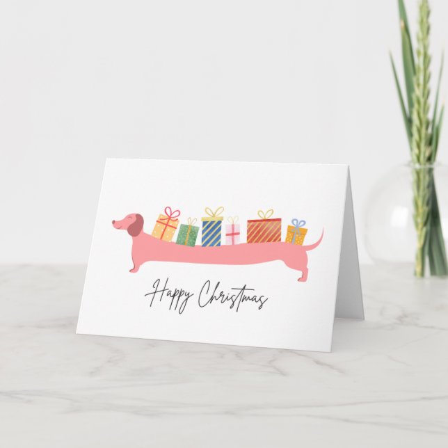 Carte Joyeux Chien de Noël Dachshund présente Noël (Devant)