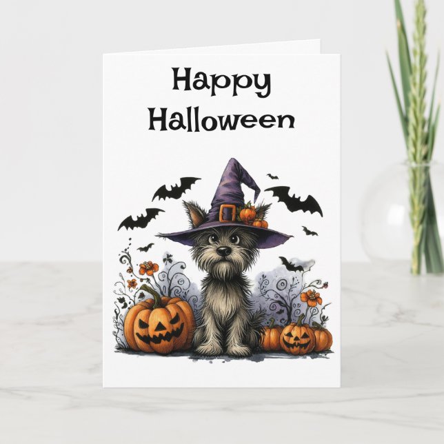Carte Joyeux chien d'Halloween dans un Casquette de sorc (Devant)