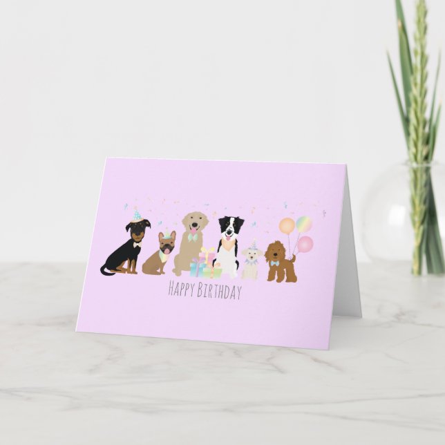 Carte Joyeux Chiens de fête d'anniversaire pourpre (Devant)