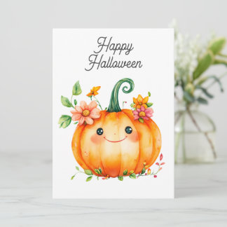 Carte Joyeux Citrouille d'aquarelle en fleurs pour Hallo