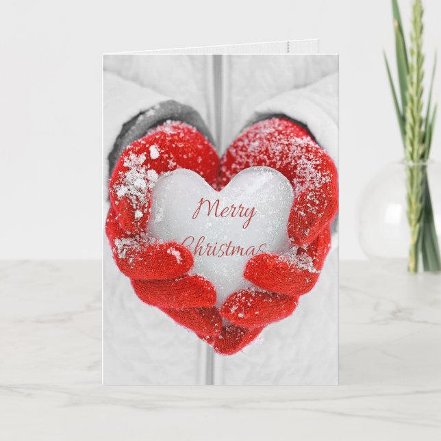 Carte Joyeux coeur de glace de Noël en gants rouges (Devant)