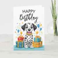 Joyeux Dalmatien avec des cadeaux et Confetti Anni
