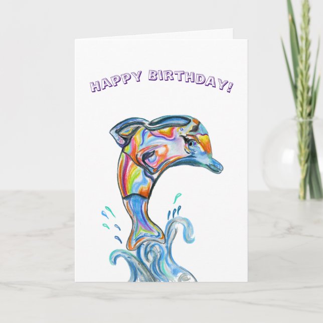 Carte Joyeux dauphin d'anniversaire en crayon couleur (Devant)