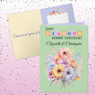Carte Joyeux Diamant Anniversaire noms fleurs vert