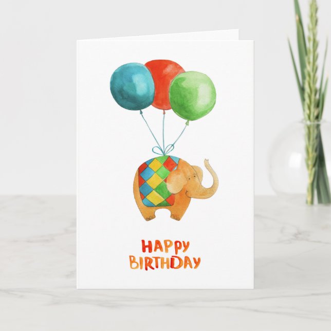 Carte Joyeux Eléphant et Ballons d'anniversaire blanc à  (Devant)