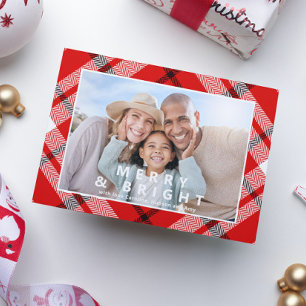 Carte Joyeux et brillant Elegant Rouge Plaid Photo Noël