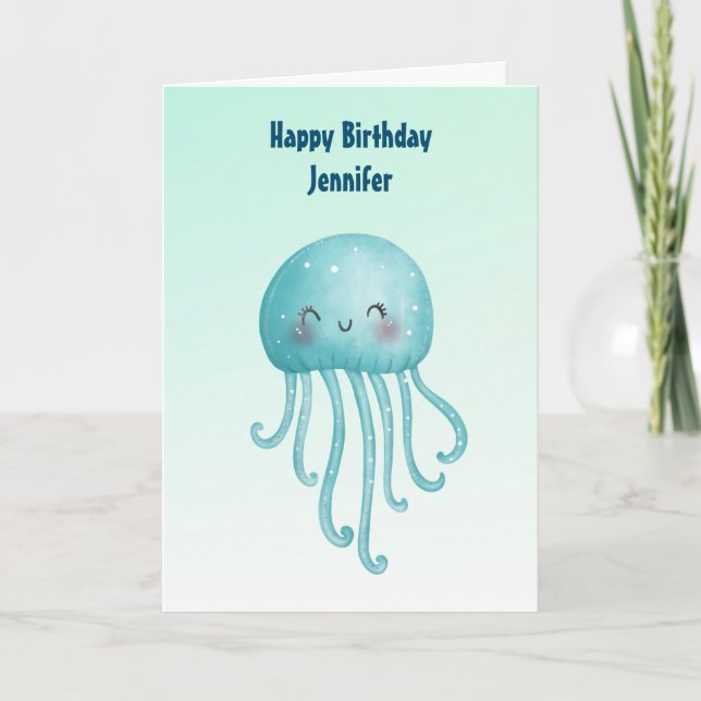 Carte Joyeux et joyeux poisson bleu-vert Jellyfish Anniv (Devant)