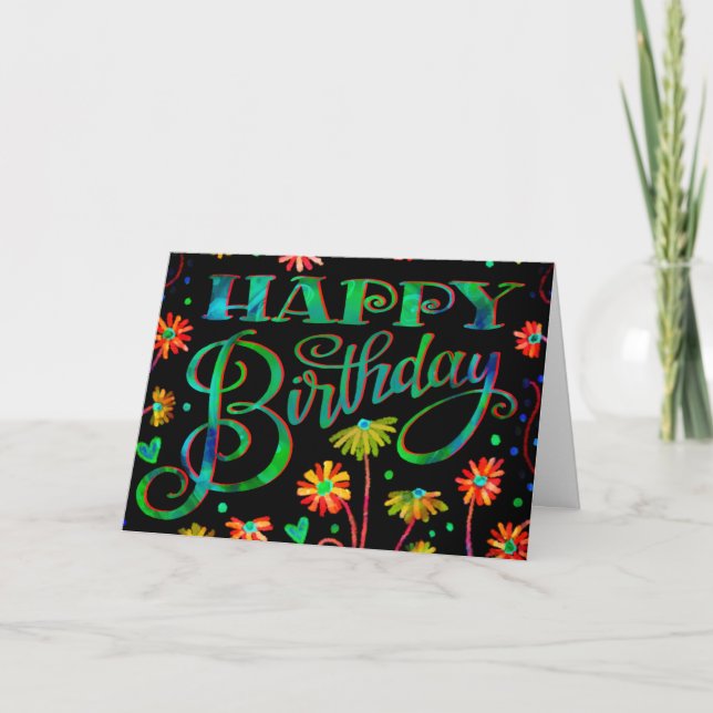 Carte Joyeux Floral Noir Joyeux Anniversaire tendance (Devant)