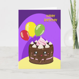 Carte Joyeux gâteau au chocolat d'anniversaire, kawaii