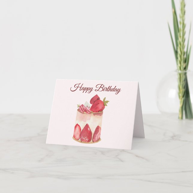 Carte Joyeux gâteau d'aquarelle aux fraises (Devant)