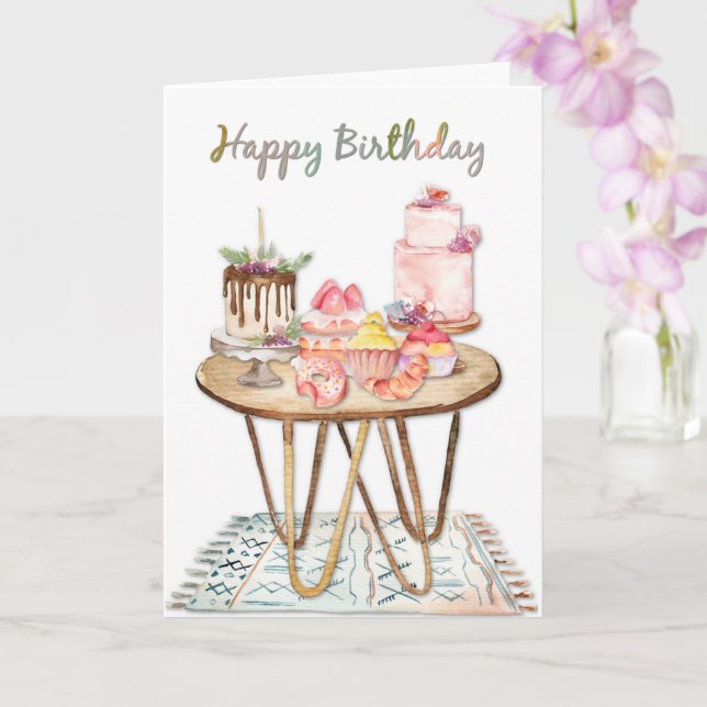 Carte Joyeux gâteau et pâtisseries d'aquarelle d'anniver (Orchidée)