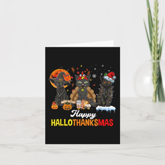 Carte Joyeux Hallothanksmas Chat Noir Halloween Thanksgi (Devant)