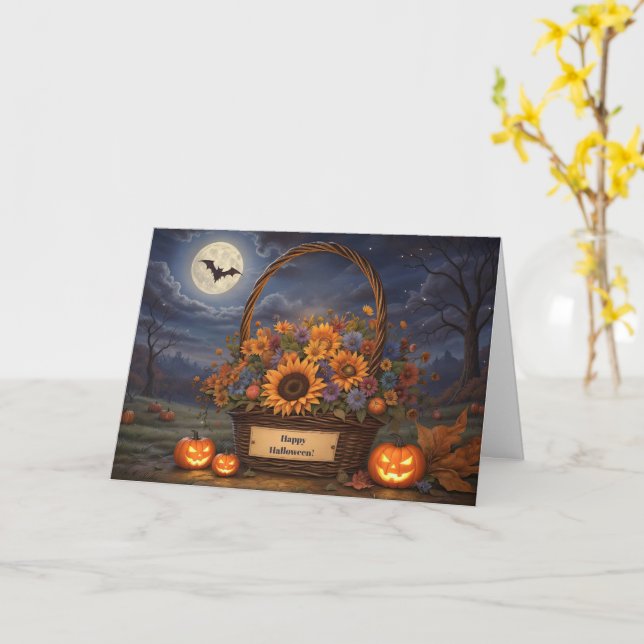 Carte Joyeux Halloween avec Panier de fleurs d'automne (Fleur jaune)