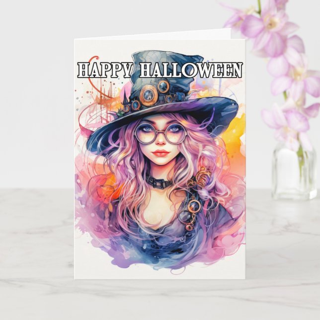 Carte Joyeux Halloween | Belle Sorcière Steampunk (Orchidée)