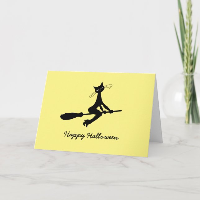 Carte Joyeux Halloween, Chat Sur Broomstick (Devant)