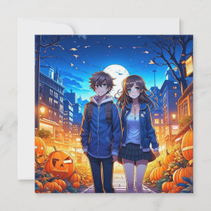 Carte Joyeux Halloween   Couple d'anime se tenant la mai