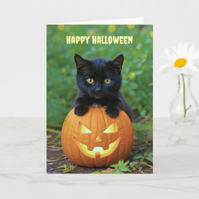 Carte Joyeux Halloween Cute Little Black Kitten (Petite plante)