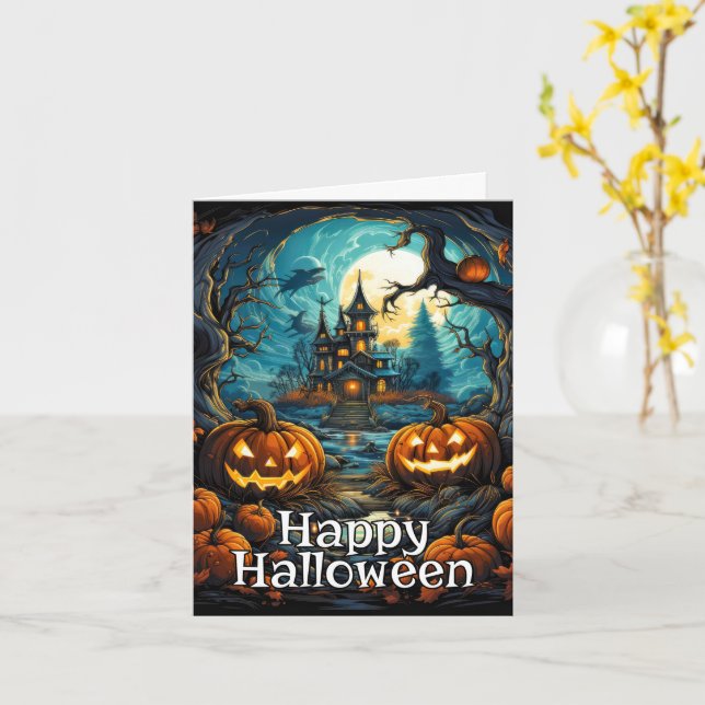Carte Joyeux Halloween | Éffrayant Haunted Mansion (Fleur jaune)