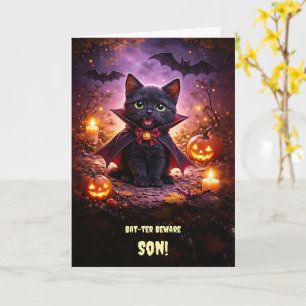 Carte Joyeux Halloween fils avec chauves-souris de chat