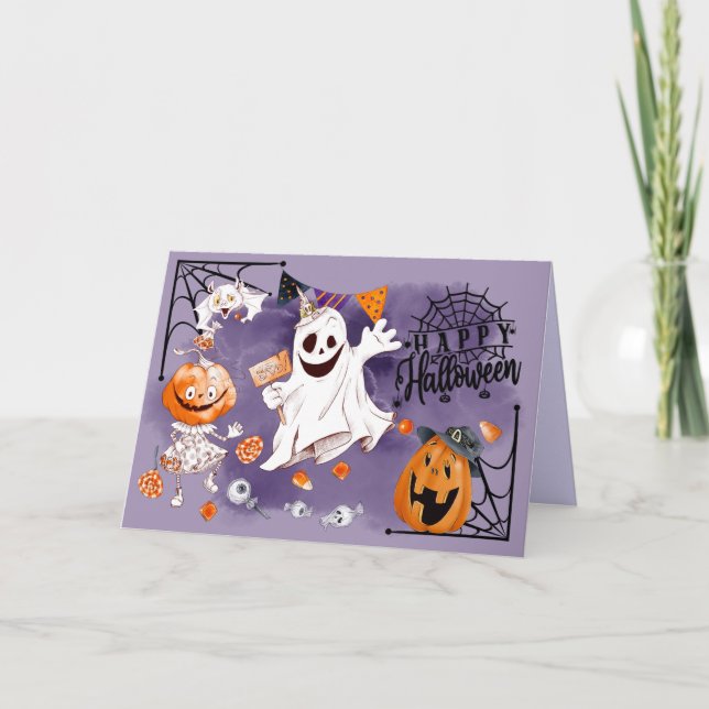 Carte Joyeux Halloween. Fun Ghost, Jack O'Lantern (Devant)