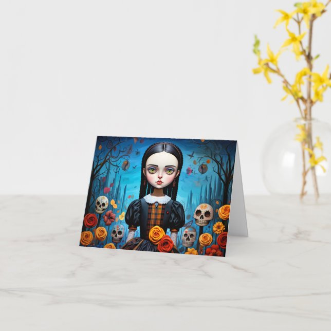 Carte Joyeux Halloween gothique sorcière fille Illustrat (Fleur jaune)