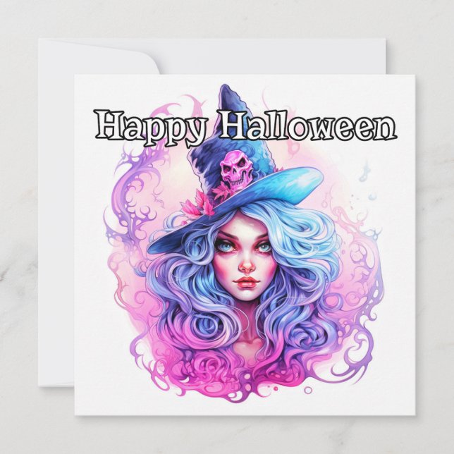 Carte Joyeux Halloween | Illustration de femme sorcière (Devant)