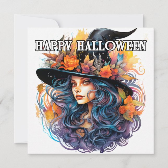 Carte Joyeux Halloween | Illustration de sorcière d'auto (Devant)