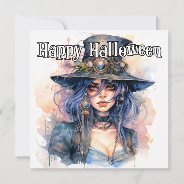 Carte Joyeux Halloween | Illustration de sorcière Steamp (Devant)