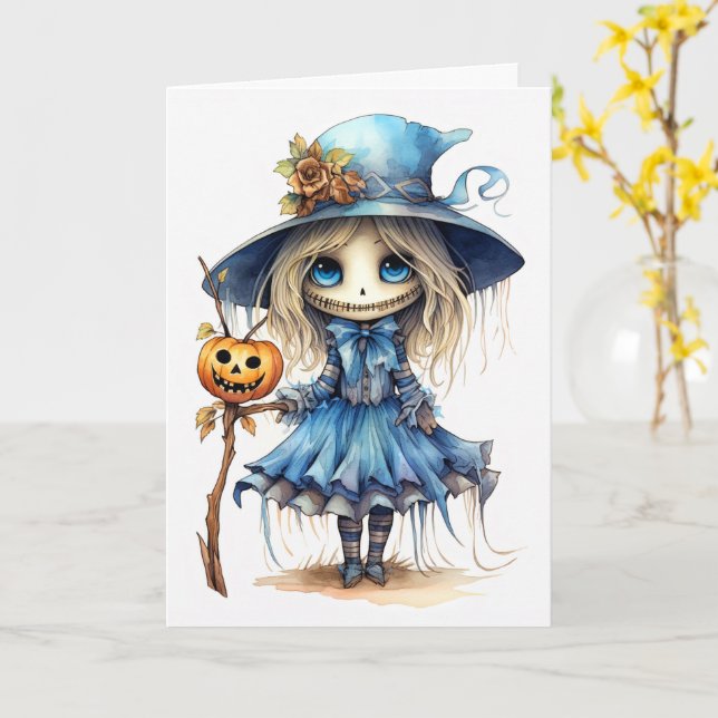 Carte Joyeux Halloween | Jolie petite sorcière poupée (Fleur jaune)