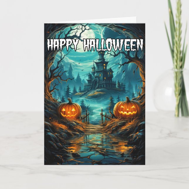 Carte Joyeux Halloween | Maison Éffrayante hantée (Devant)