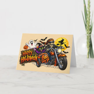Carte Joyeux Halloween moto squelette motard effrayant