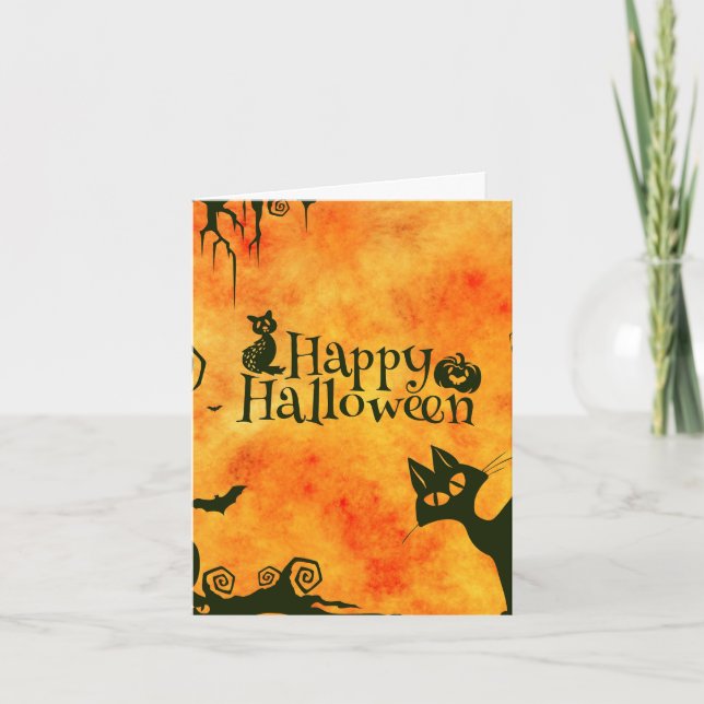Carte Joyeux Halloween sorcières Chats Araigners Chouett (Devant)