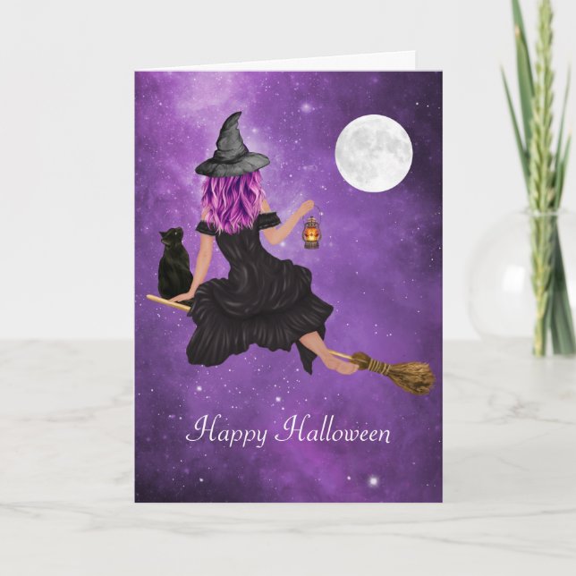 Carte Joyeux Halloween volant sorcière magique (Devant)