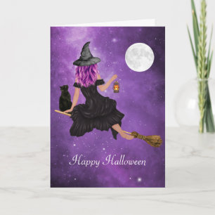 Carte Joyeux Halloween volant sorcière magique