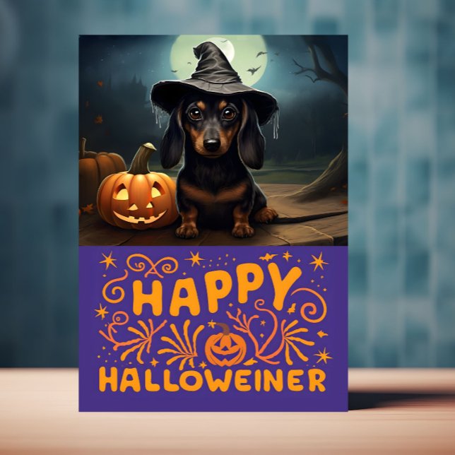 Carte Joyeux Halloweiener Chien Mignon (Halloween card with Weiner dog on front is displayed on a table top)