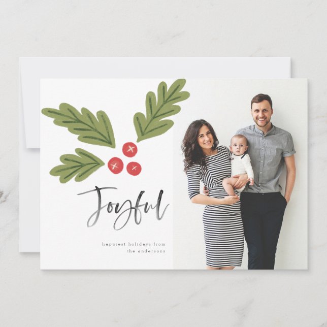 Carte Joyeux Holly Berry Moderne Gras Vacances Blanc Pho (Devant)