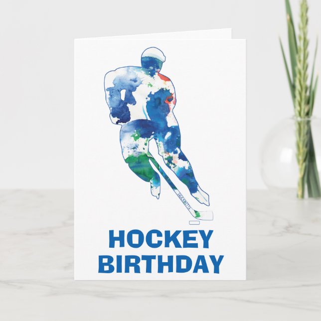 Carte Joyeux Joueur de hockey d'anniversaire aquarelle (Devant)