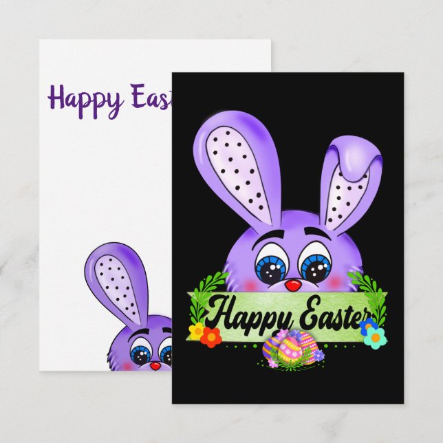 Carte Joyeux jour de Pâques, mignon lapin pourpre (Devant / Derrière)