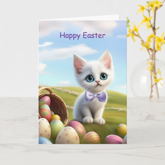 Carte Joyeux Kitten mignon de Pâques avec Panier de Pâqu (Fleur jaune)
