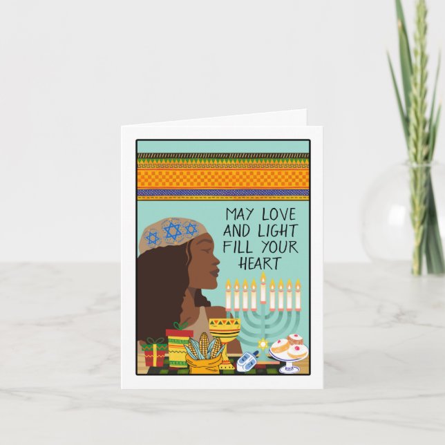 Carte Joyeux Kwanzukkah Menorah Symboles et cadeaux (Devant)