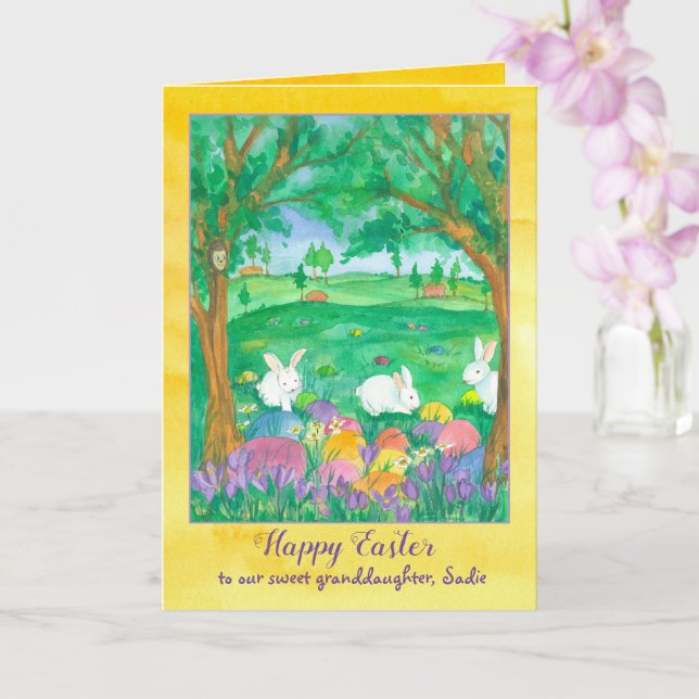 Carte Joyeux lapins de la petite-fille de Pâques Nom per (Orchidée)