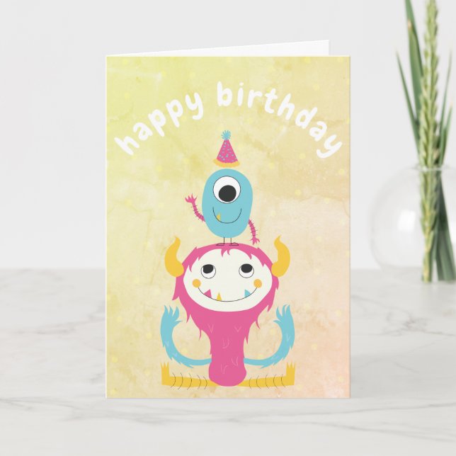 Carte Joyeux Monstres d'anniversaire rose bleu (Devant)