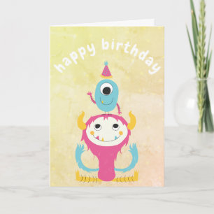 Carte Joyeux Monstres d'anniversaire rose bleu