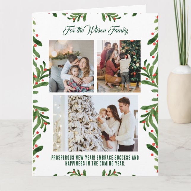 Carte Joyeux Noël 3 Photo Collage Green Holiday Card (Devant)