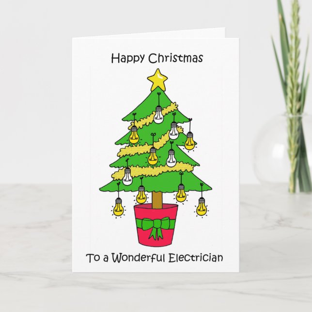 Carte Joyeux Noël à l'électricien, Cartoon Tree. (Devant)