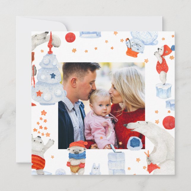 Carte Joyeux Noël aquarelle mignonne Ours Polaire Photo (Devant)
