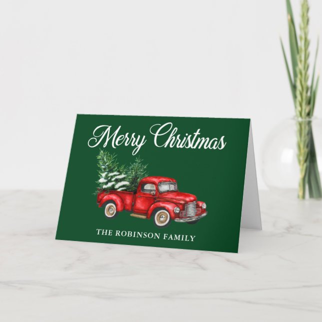 Carte Joyeux Noël Aquarelle Rouge Camion Vert Plier (Devant)